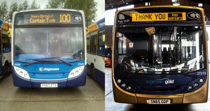 Stagecoach in South Wales celebrate Captain Thomas Moore’s 100th birthday with a tribute to him, the NHS and key workers Stagecoach in South Wales celebrate Captain Thomas Moore’s 100th birthday with a tribute to him, the NHS and key workers
